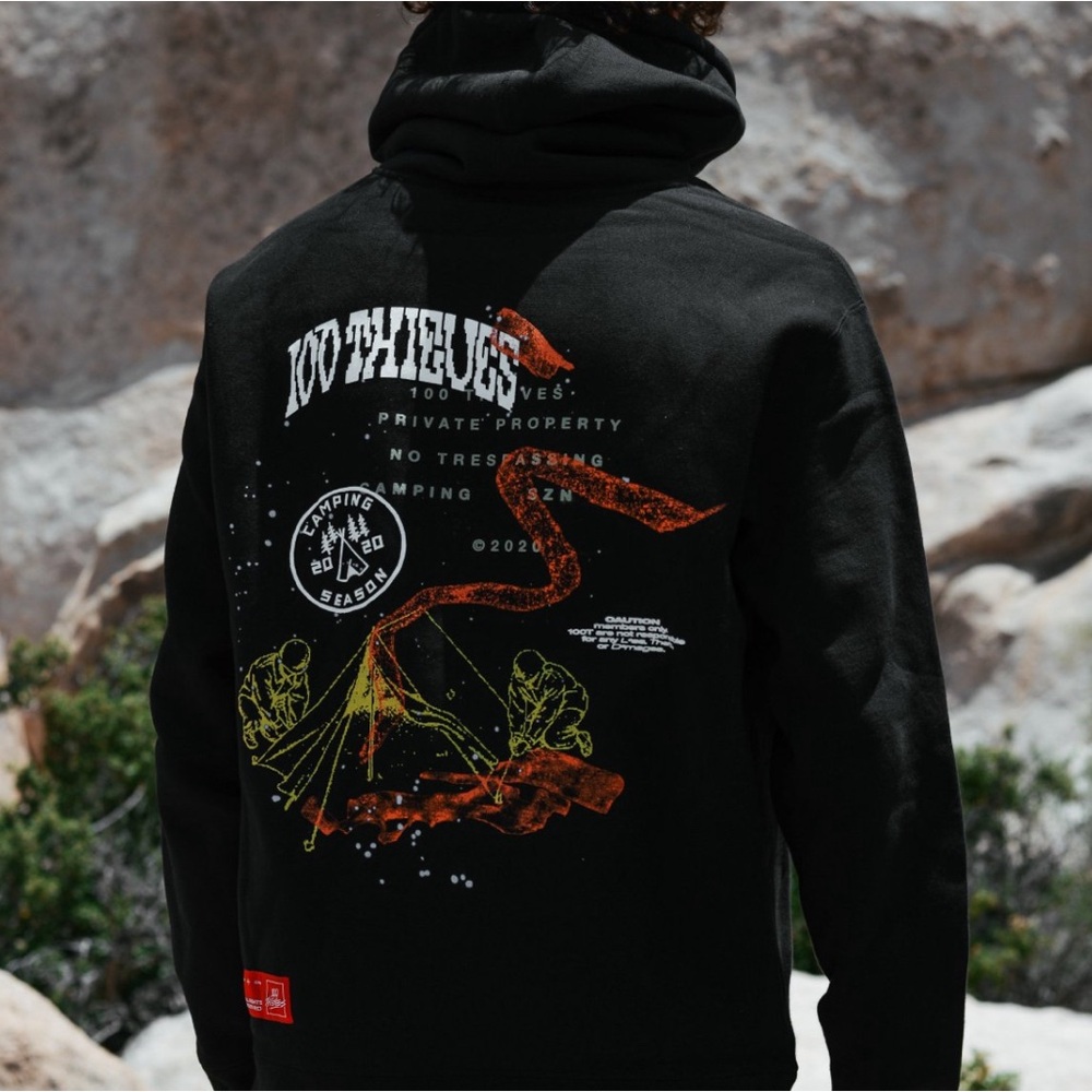 100 Thieves No Camping Black Hoodie Size Large